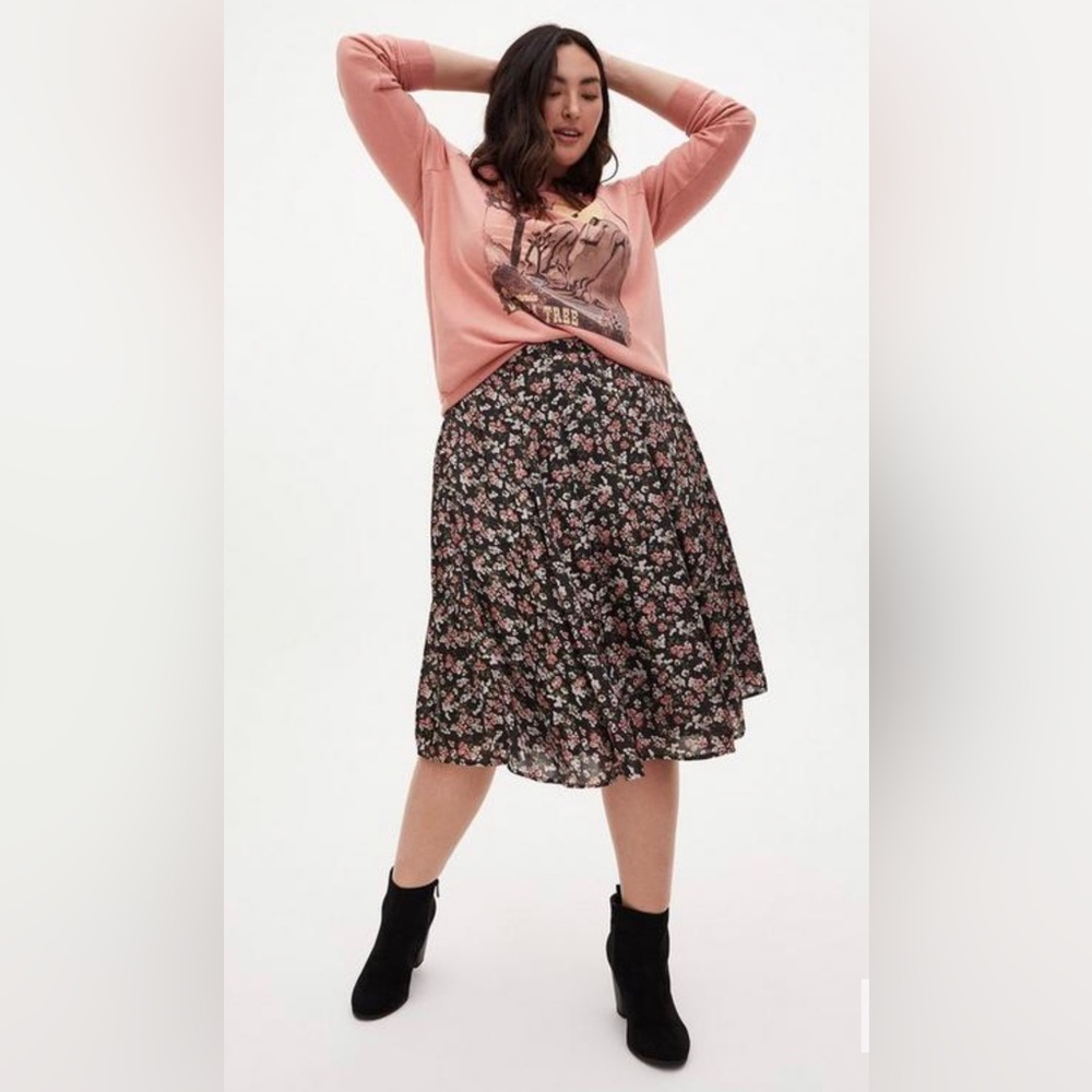 Torrid Black Floral Liquid Woven Midi Skirt